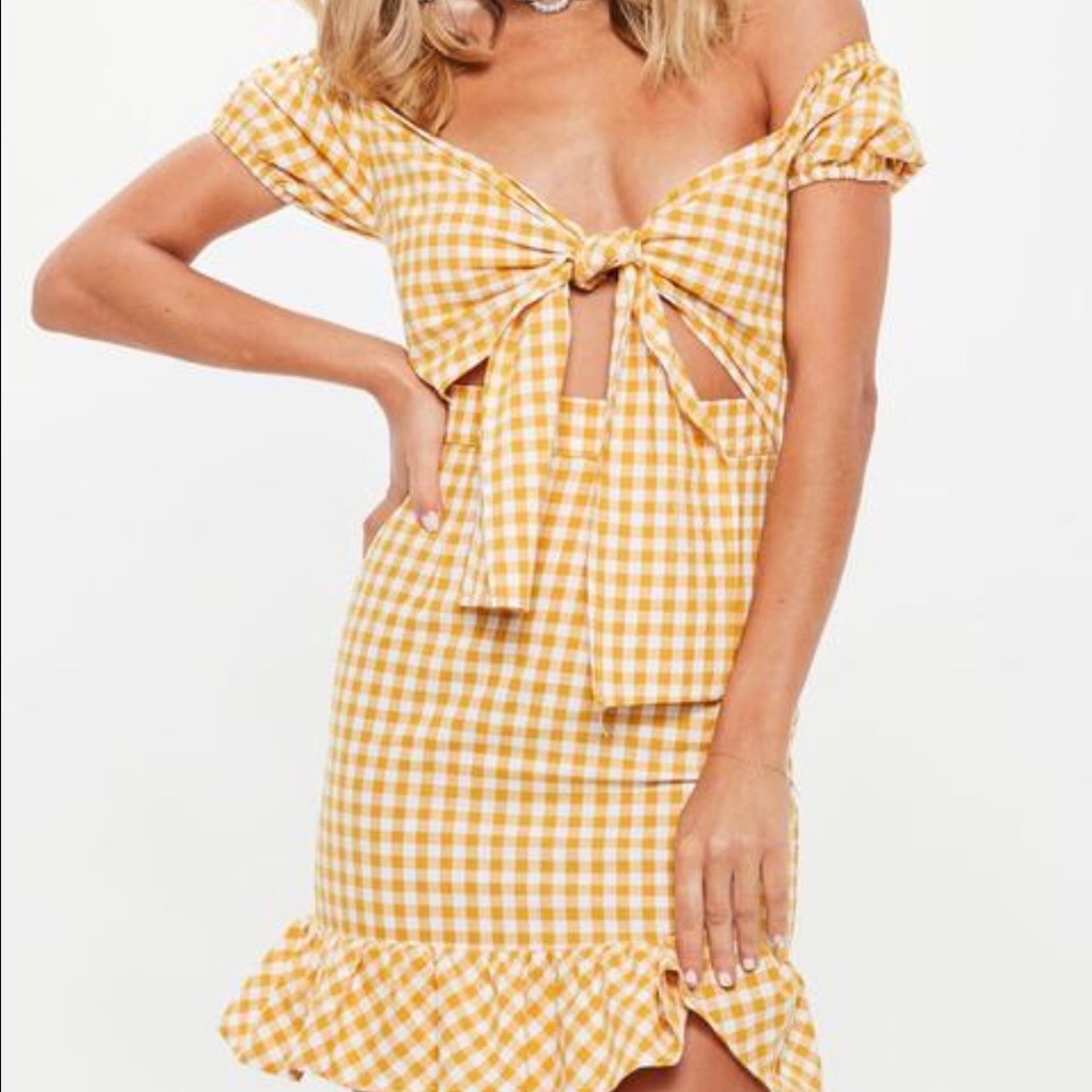 Missguided Bardot Tie Front Yellow Gingham Dress